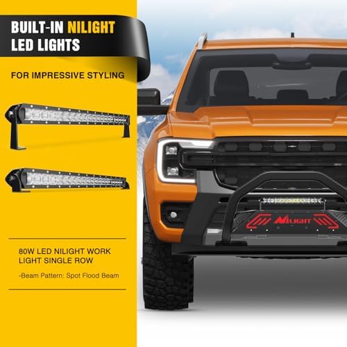 Nilight Bull Bar with LED Light Bar for Ford Ranger 2019-2023 | Includes License Plate Hole Brush Guard, Front Bumper Push Bar w/Grille Skid Plate Light Mount - Image 4