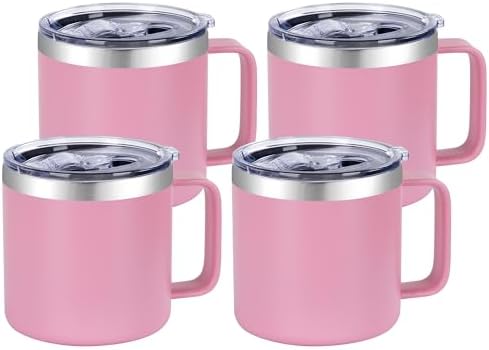 VEGOND 14 oz Insulated Coffee Mug Bulk with Handle, Stainless Steel Travel Coffee Mug with Lid, Double Wall Vacuum Metal Coffee Cup, Coffee Tumbler Powder Coated, Pink 4 Pack by VEGOND