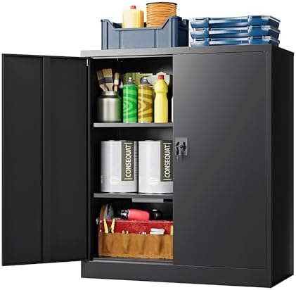 Metal Storage Cabinet, Wide & Deep File Cabinet with 2 Doors and Adjustable Shelves, Lockable Tool Cabinet for Garage,Home Office and School (Black) by LISSIMO