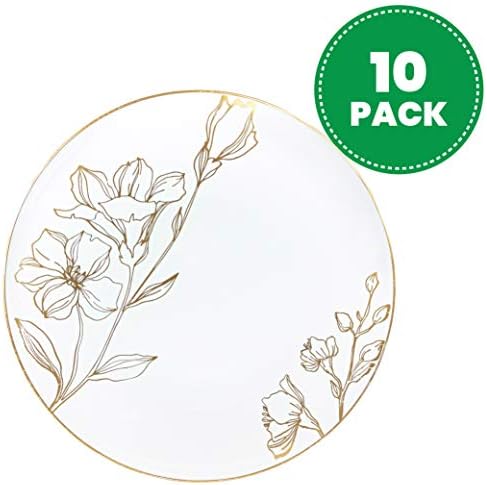 [9'' Plates 10 Count] White Plastic Floral Design Party Dinner Plates With Gold Rim Premium heavyweight Elegant Disposable Tableware Dishes - Image 2