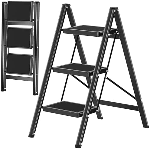 DIAMONDFORGE 3 Step Ladder, Folding Step Stool with Anti-Slip Wide Pedal, Soft Handle, Anti-Slip Feet, Sturdiest Steel Construction, 500lbs Capacity Steel Ladder for Home and Office, Black by DIAMONDFORGE