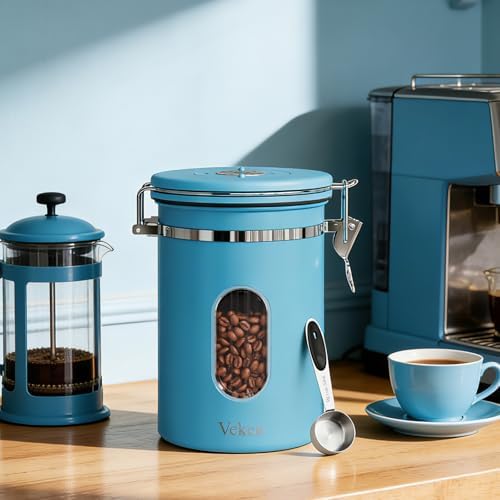Veken Coffee Canister with Window, Airtight Stainless Steel Container,Date Tracker, Kitchen Food Storage Jars for Beans, Ground, Espresso, Rice,Tea, Sugar, Cereal, Gifts, Scoop, Blue, 22OZ (Pack of 2) - Image 3