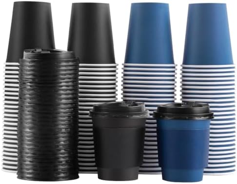 SIUQ 100 Pack 8 oz Disposable Paper Coffee Cups with Lids, Black & Blue by SIUQ