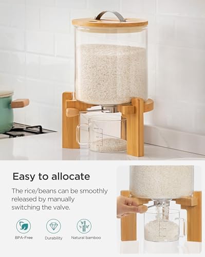 HBlife 8-10 Lbs Glass Rice Dispenser with Wooden Stand Flour and Cereal Container with Glass Measuring Cup Pantry Food Organization Storage Bin with Airtight Bamboo Lid, 5L (2 Pack) - Image 4