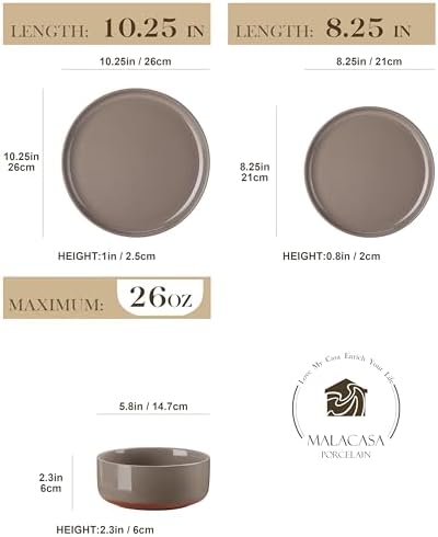 MALACASA Plates and Bowls Sets, 24 Pieces Modern Ceramic Dinnerware Set for 8 Kitchen Dinner Set Stoneware Dishware Dishes Set Microwave and Dishwasher Safe, Brown, Series TARA - Image 2