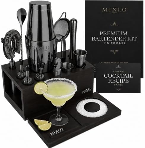 Mixology Bartender Kit - 15Pcs Bar Set Cocktail Shaker Set w Black Bar Cart Accessories Stand - Shakers Bartending Gun Metal Black Tools, 24oz Shaker, 17 Recipe Cards, Martini Barware by Home