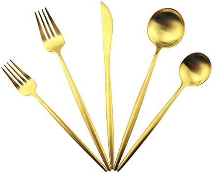 5-Piece 18/10 Stainless Steel Matte Gold Flatware Set - Dishwasher Safe, Perfect for Home, Office, or Travel by Unknown