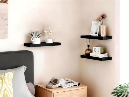 BAYKA Black Floating Shelves 15.7in, Set of 3, Wall Mount Rustic Wood Shelf - Image 2