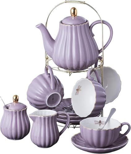 Jusalpha Porcelain Tea Set- 8 OZ Coffee/Teacup, Saucer, Cup Holder, Purple by Jusalpha
