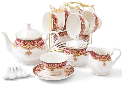 DUJUST 22 pcs Royal Vintage Porcelain Tea Set for 6, Luxury British Tea Sets for Adults with Red Patterns & Golden Trim, Beautiful Floral Tea/Coffee Cup Set, Gift Package - Royal Treat for You by DUJUST