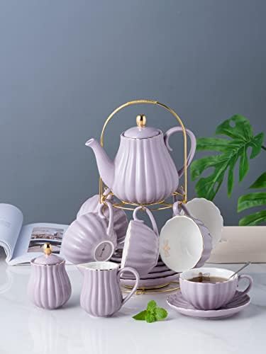 Jusalpha Porcelain Tea Set- 8 OZ Coffee/Teacup, Saucer, Cup Holder, Purple - Image 5