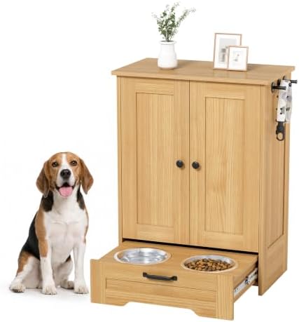 Dog Cabinet, Dog Feeding Station with Hidden Pull-Out Feeder, Oak by Unknown