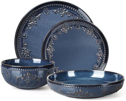Artena 4-Piece Handcrafted Ceramic Dinnerware Set with Pasta Bowls, Service for 1 – Reactive Glaze Embossed Plates, Bowls & Mugs, Dishwasher & Microwave Safe, Blue, Damask Floral by Artena