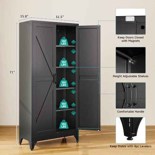 SISESOL 71" Tall Pantry Cabinet,Farmhouse Kitchen Pantry Storage Cabinets with 2 Doors and 5 Shelves,Black Metal Storage Cabinet,Large Cupboard for Home,Kitchen,Dining/Living Room - Image 3