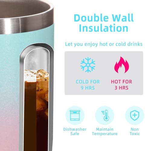 Volhoply 14oz Insulated Stainless Steel Coffee Mug with Lid Bulk 4 Pack,Double Wall Vacuum Travel Coffee Cup with Handle,Reusable Cups Tumbler,Camping Mugs Keep Hot,Ideal Gifts(Green Pink,4) - Image 3