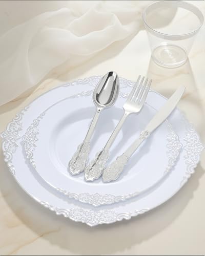 Goodluck 350 Piece Silver Plastic Dinnerware Set for 50 Guests - Image 4