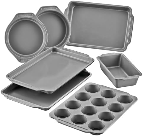 Farberware Bakeware Nonstick Baking Pans with Baking Sheets, Cake Pans, Meatloaf/Bread Pan, and Muffin Pan, 7 Piece Bakeware Set - Gray by Farberware