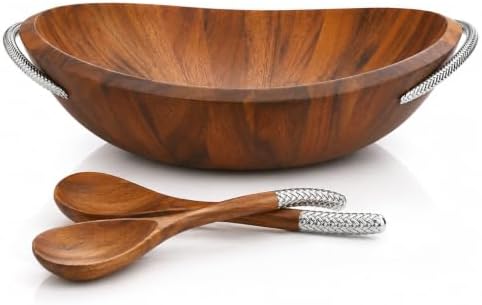 nambe Braid Salad Bowl with Servers | 3-Piece Set | Large Wooden Serving Bowl for Caesar Salad, Large Salads | Big Salad Bowl with Serving Utensils | Made of Chrome & Acacia Wood (20” L x 16” W) by Unknown