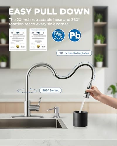 WEWE Kitchen Faucet with Soap Dispenser, Brushed Nickel Pull-Down Sprayer - Image 3