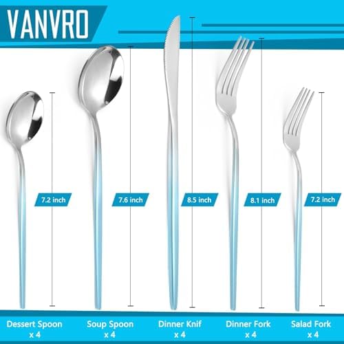 VANVRO Gradient Blue Silverware Set, 20 Piece Stainless Steel Flatware Set, Kitchen Utensil Set include Knife/Fork/Spoon,Cutlery Service for 4,Mirror Polished - Image 2