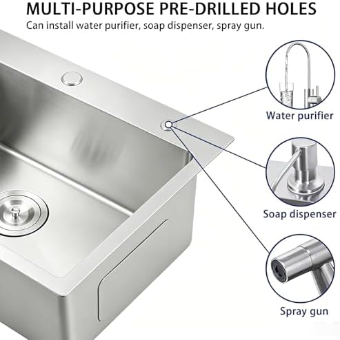 VAPSINT 28 Inch Drop in Kitchen Sink, 28x18 Inch Top Mount 16 Gauge Commercial T304 Stainless Steel Sink for Kitchen, 9 Inch Deep Handmade Single Bowl Basin Laundry Utility Wet Prep Sink, Fregadero - Image 6