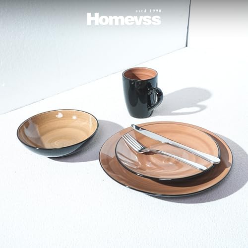 HomeVss, Stoneware Sonoma 16pc Dinnerware Set, Black + Speckled Spin Wash Mocha - Image 6
