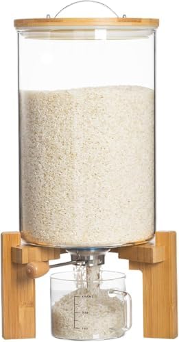 HBlife 18-22 Lbs Glass Rice Dispenser with Wooden Stand Flour and Cereal Container with Glass Measuring Cup Pantry Food Organization Storage Bin with Airtight Bamboo Lid, 11L by HBlife
