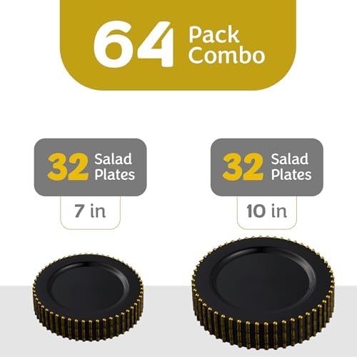 PLASTICPRO 64 Piece Combo Plastic Dinner Plates Disposable Plastic Fancy Heavy Duty Party Dishes 7 inch and 10 inch, Black and Gold Beaded - Image 5