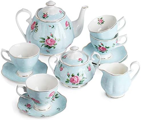 BTaT- Floral Tea Sets for Adults, 13 pcs, Service for 4, Pot (38 oz) & Cups (8 oz) with Saucers, Pastel Blue Floral Design, Porcelain Tea Set for Adult, Dishwasher Safe by BrewToATea