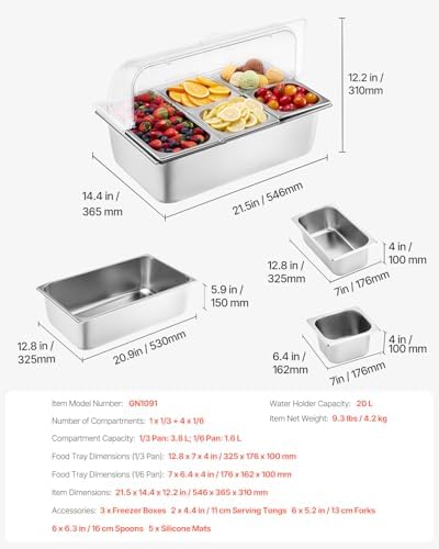 VEVOR Countertop Food Serving Display Container, 5 Pan Stainless Steel Food Serving Tray, Buffet Condiment Dispenser Display Rack with Clear Lid & 3 Freezer Boxes, for Restaurant Hotel Kitchen Party - Image 7
