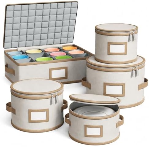 China Storage Containers, Hard Shell, 5 Piece Beige with Brown Leather Trim by Unknown