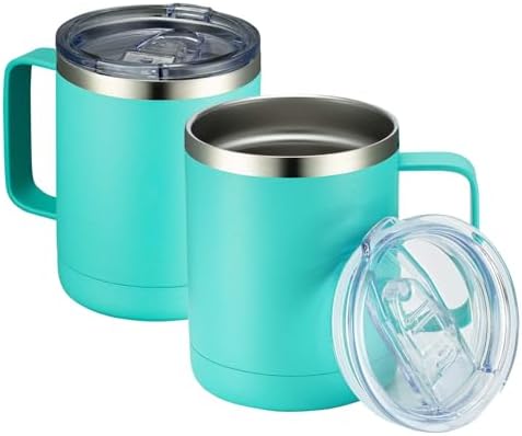MEWAY 12oz Coffee Mug With Handle 2 Pack Bulk,Stainless Steel Insulated Travel Tumblers With Sliding Lid,Double Wall Vacuum Camping Cup for Hot & Cold Drinks Tea (Light Green,Set of 2) by MEWAY