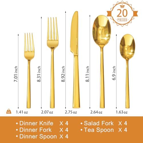 Gold Silverware Set for 4, 20-Piece Stainless Steel Flatware Cutlery Set - Image 2