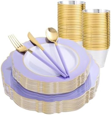 WDF 150Pcs Purple Plates Disposable - Baroque Lavender Purple and Gold Plates - 25Guest Plastic Dinnerware Ideal for Wedding/Party/Birthday/Bridal Shower by WDF