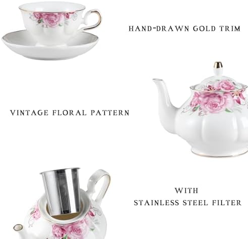 Sweejar Porcelain Tea Set Vintage Floral, British Relief Gold Rim Teapot Cup and Saucer Sets, 22-Piece Tea Sets for Adults, with Teapot, Sugar Bowl, Milk Jug, Spoons, Cup and Saucer (Flower) - Image 2