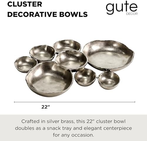 9 Cluster Decorative Bowls Bright Silver Snack Tray Bowl Chip & Dip Serving Piece Strong Brass Centerpiece Beautiful Room Accent & Entertaining Parties Home Decor Wedding Gifts 22 Inch Decorative Gift - Image 2