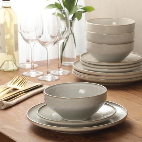 Gibson Elite White Sands Plates and Bowls Sets, 12-Piece Stoneware Dinnerware Sets, Reactive Glaze Dish Set - Moonstone White - Image 5
