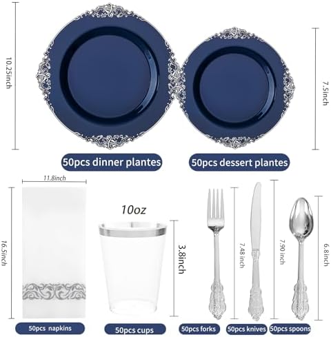 Hioasis 350 Pcs Blue Silver Plates for Graduation - Image 2