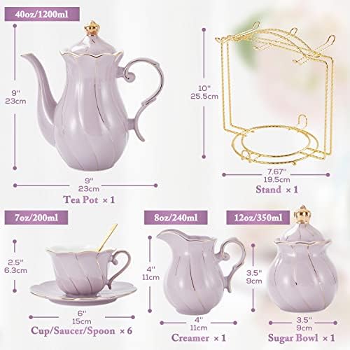 DUJUST 22 pcs Porcelain Tea Set for 6, Luxury British Style Tea/Coffee Cup Set with Golden Trim, Beautiful Tea Set for Women, Tea Party Set, Gift Package (With a Stand) - Purple - Image 5