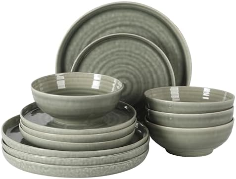 Gibson Elite Eclipse Swirls Plates and Bowls Sets, 12-Piece Stoneware Dinnerware Sets, Reactive Glaze Dish Set - Green by GibsonHomewares
