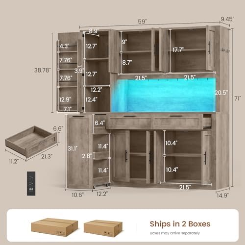 Itaar 71" Kitchen Pantry Cabinet with Charging Station and Led Light, Kitchen Storage Cabinets with Microwave Stand, 59" Wide Pantry Storage Cabinet with Storage Cart 3 Tier for Dining Room, Grey - Image 2