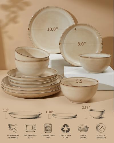 Pokini Stoneware Dinnerware Sets for 4, 12pcs Plates and Bowls Sets Dishes - Image 2