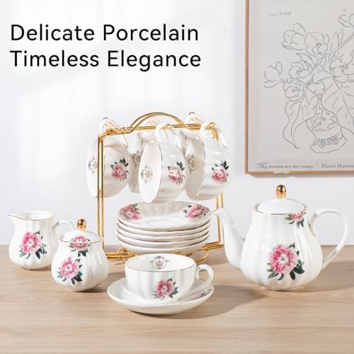 Sweejar Home Porcelain Tea Sets British Royal Series, 8 OZ Cups & Saucer Service for 6, with Teapot Sugar Bowl Cream Pitcher Teaspoons and Tea Strainer, Suitable for High Tea, Wedding, Party - Image 3
