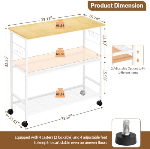 3 Tier Rolling Kitchen Microwave Cart, 33 Inch Microwave Table Stand with Adjustable Shelf, Kitchen Storage Island Utility Cart on Wheels, Bakers Rack Coffee Bar for Living Room, Office, White - Image 2