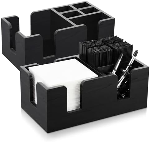 Mifoci 2 Pcs Wooden Bar Caddy, Black Pinewood Napkin Straw Holder Organizer by Mifoci