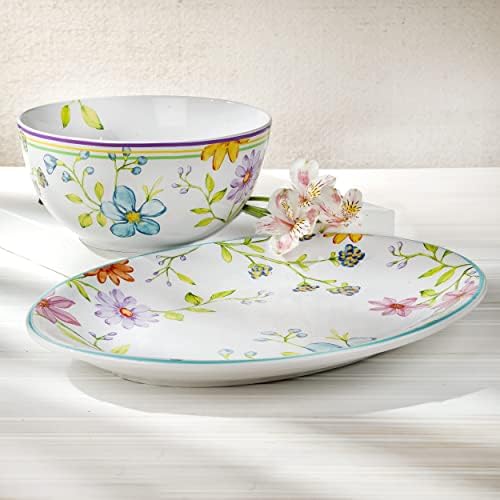 Charlotte Collection 15" Oval Platter and 9" Fruit/Vegetable Bowl, Multicolor Watercolor Floral/Garden Design, 2 Piece Stoneware Serving Set - Image 3