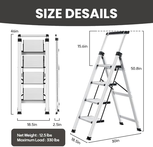 XinSunho 4 Step Ladder, Aluminum with Retractable Handrail, 330lbs Capacity - Image 2
