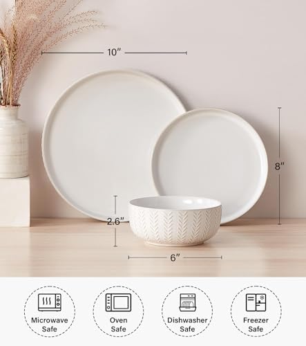 24 Piece Dinnerware Sets for 8 - Farmhouse Style Stoneware Plates and Bowls Sets - Scratch Resistant & Dishwasher Safe, Embossed Boho Ceramic Dish Set, Stack Compactly Dishware - Ivory White - Image 3