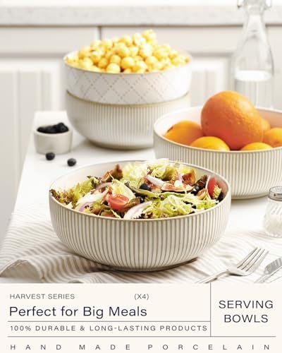 getstar Large Serving Bowls (9.5 inch & 92 fl oz), Ceramic Salad Bowl Set of 2, Microwave and Dishwasher Safe (Embossed Stripes) - Image 2