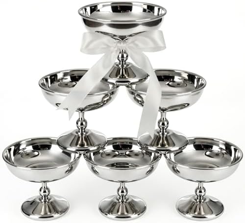 6 Pcs Stainless Steel Ice Cream Bowls Mini Silver Serving Pudding Dessert Cup Sauce Bowls Classic Round Footed Yogurt Snack Candy Cups for Mousse Fruit Salad Wedding Party Favor by Ferrochef